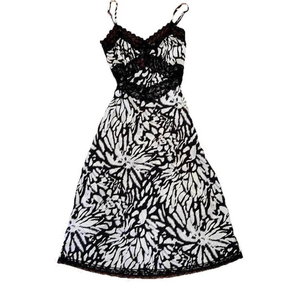 Betsey Johnson Black and White Lace-Trim Floral Slip Dress